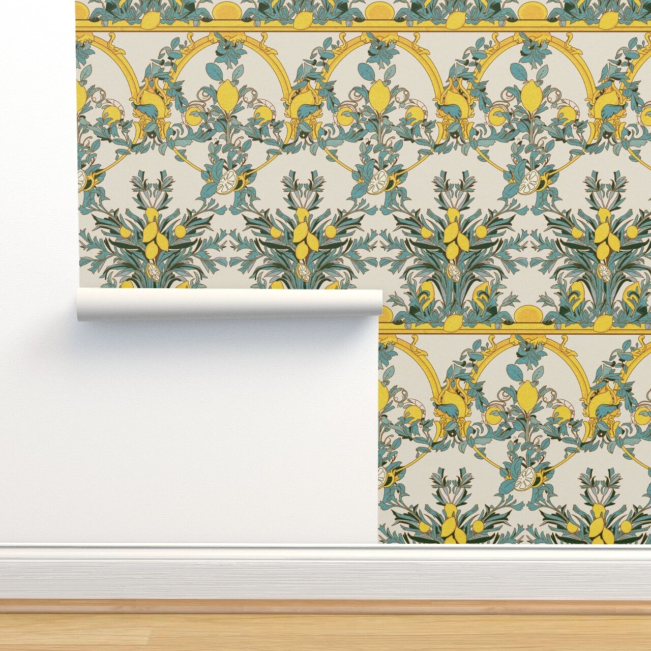 Yellow Floral Botanical Nature Fruit Citrus Spring Summer Lemon Arcade Italy Italian Villa Large Scale Custom Pre-pasted Wallpaper by Spoonflower Pre-Pasted Wallpaper 2FT Wide